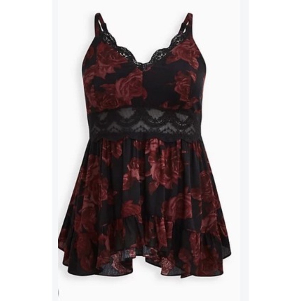 Torrid BABYDOLL TANK CRINKLE GAUZE FLORAL BLACK size 2 Whimsy Goth Witch Goth